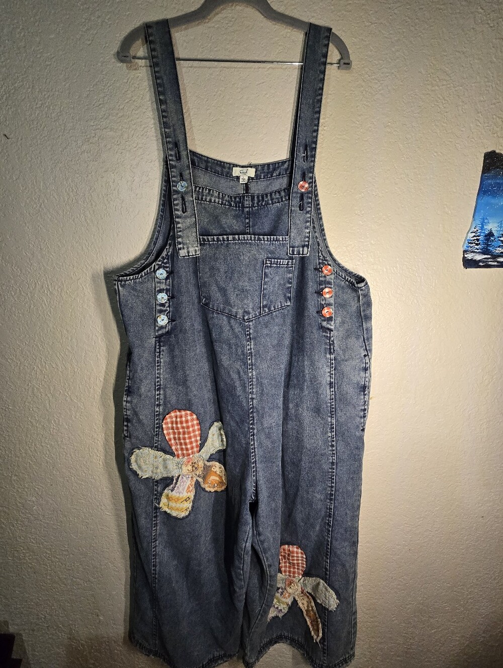 Easel Denim Flower Patch Boho Overalls Medium Wash Jumpsuit LG